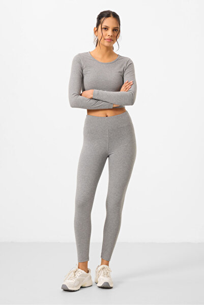 TOMMY LIFE Gray Melange High Waist Long Sleeve Slim Fit Crop Top Women&#39;s Tights Set - 95286