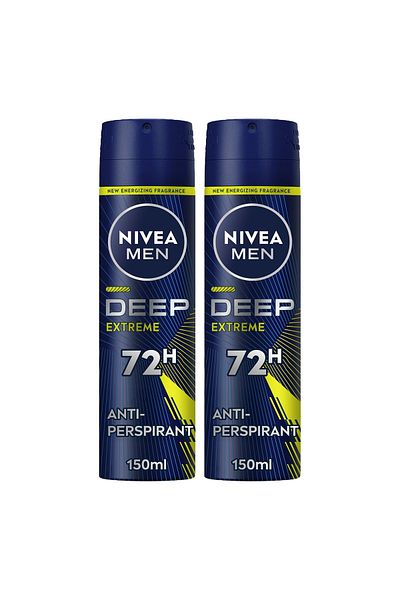 NIVEA Men Deep Extreme 72H Antiperspirant Spray 2 x 150 ml | Long-Lasting Freshness