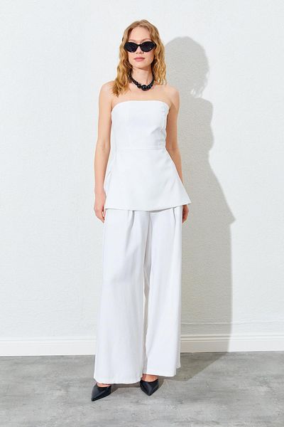 TENA Women's Ecru Strapless Blouse Palazzo Pants Suit