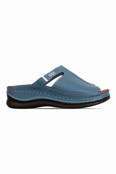 Lal Shoes & Bags Papuci de damă din piele naturală - model albastru, cu o singură curea și cu talpă înaltă