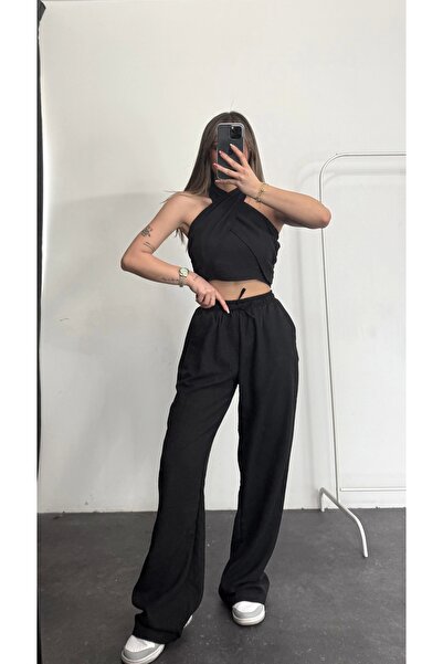 nona butik Σετ Λευκά Ενδύματα Σχεδιαστικά Halter - Μαύρο