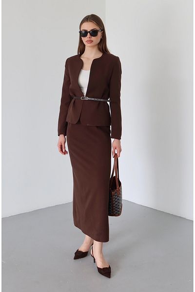 Laluvia Bitter Brown Elvira Pencil Skirt Jacket Set - 8661