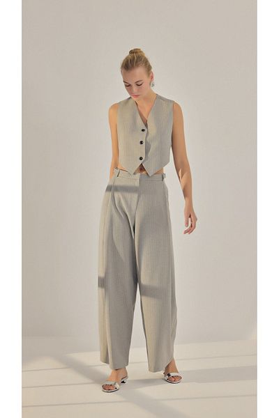 yakestore Striped Short Vest Wide Leg Pants Set