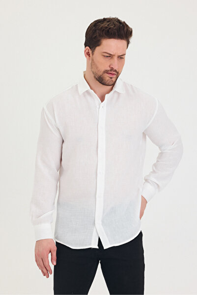 Tarz Cool Men's Slim Fit Slim Fit Long Sleeve Cotton Linen Effect Shirt