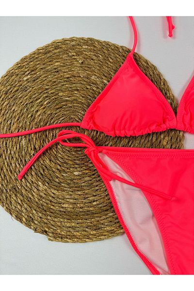 FUNELLA Highlighter Pink Side and Neck Tie Adjustable Triangle Stylish Women's Bikini Set