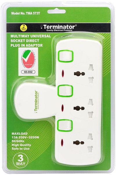 Terminatör Terminator 3-Way Universal T-Socket Adapter with Switches, Indicators, 13A Plug & Shutter