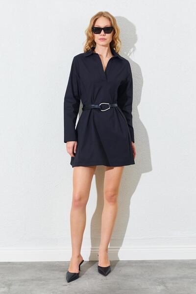 TENA Women's Black Shirt Collar Mini Dress