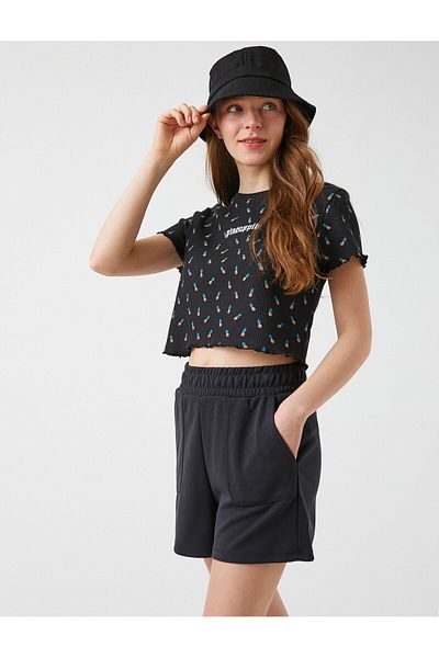 Koton Tricou crop imprimat, bumbac detaliat cu volane