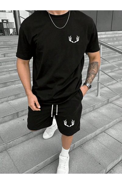 ACTIVE MODA -Men's Printed Deer Logo Short Sleeve Tshirt-Shorts Set 2 Pcs Large Size Oversized