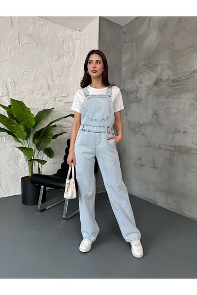 Elif Özbey Butik Salopetă din denim cu picioare largi Ice Blue