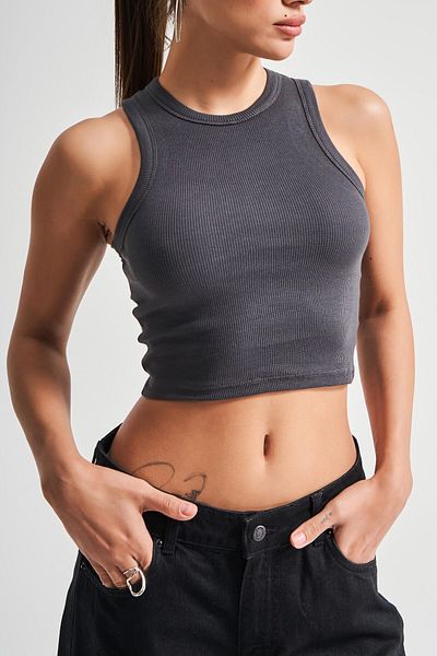 its basic Women's Dark Anthracite Color S5-45 Halter Neckline Stretchy Camisole Fabric Crop Top Body