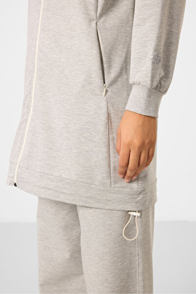 TOMMY LIFE Gray Melange Stand Collar Zippered Cotton Women's Tracksuit Tunic Set - 95346