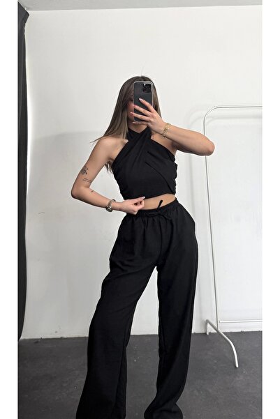 nona butik Σετ Λευκά Ενδύματα Σχεδιαστικά Halter - Μαύρο