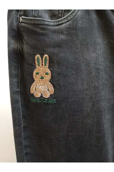 AKŞEN GİYİM Plus Size High Waist Loose Lycra Rabbit Figure Printed Black Jeans Pants with Belt