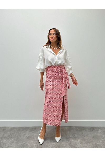 Maldia Shop Women's Ethnic Pattern Zippered Design Tie-Up Red Skirt