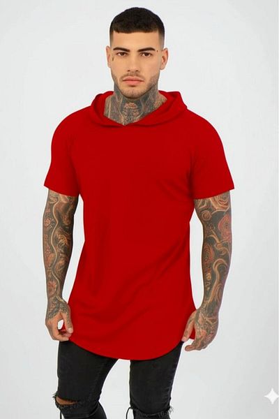 NO 601 Men's Red Hooded Short Sleeve Oval Slimfit Tshirt