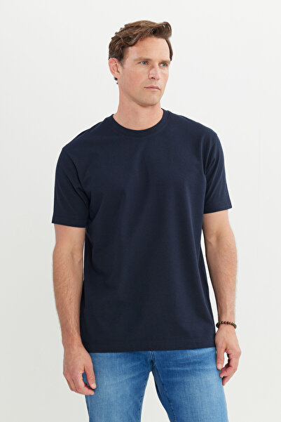 AC&Co / Altınyıldız Classics Ανδρικό μπλουζάκι από βαμβακερό μπλε ναυτικό μοντέρνα εφαρμογή, χαλαρή εφαρμογή με λαιμόκοψη