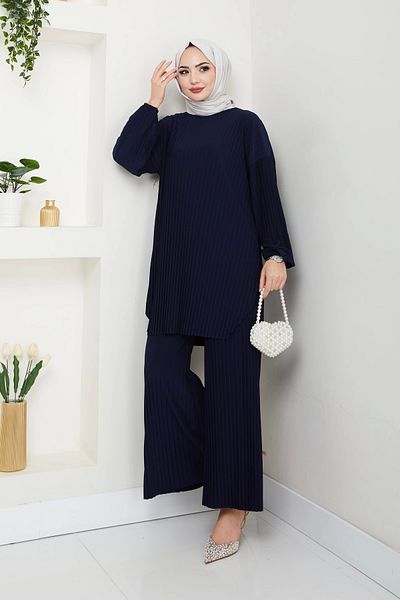 Moda MSK Navy Blue Pleated Trousers Double Suit Sandy