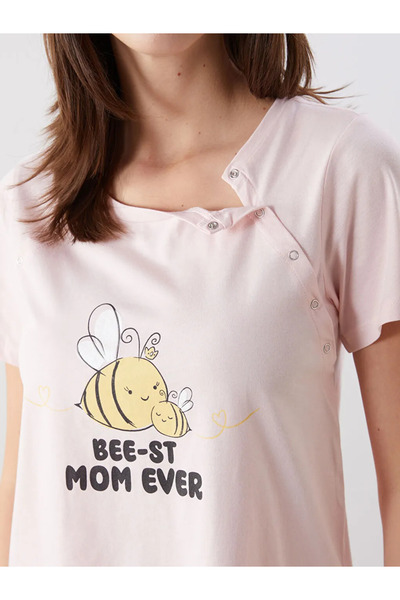 LC Waikiki LCW DREAM Pembe Bisiklet Yaka Baskılı Hamile Pijama Takımı