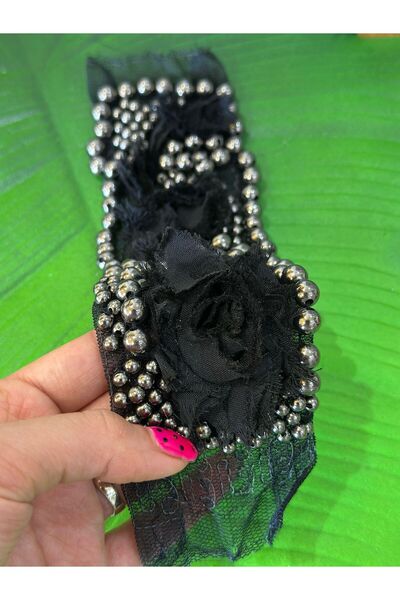 Gönülden Tasarım SİYAH KABARTMA TAŞLI BONCUKLU ARMA DİKİŞ APLİKE 19X5 CM