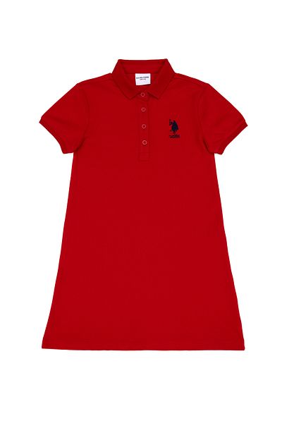U.S. Polo Assn. فستان محبوك بياقة بولو باللون الأحمر للفتيات 50306051 -VR030