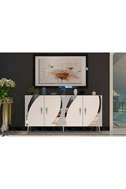 zerkaconcept Handle Konsol Tv Sehpası Çok Amaçlı Dolap Beyaz Gümüş 150 cm