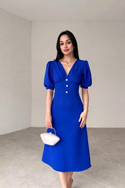 Deafox Saks Blue Balloon Sleeve Front Button Detail Crepe Fabric Midi Dress