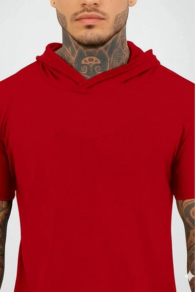 NO 601 Men's Red Hooded Short Sleeve Oval Slimfit Tshirt