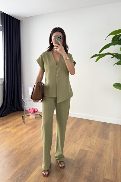 My Blog Set pantaloni kaki 100% bumbac cu vestă de soare - 8647