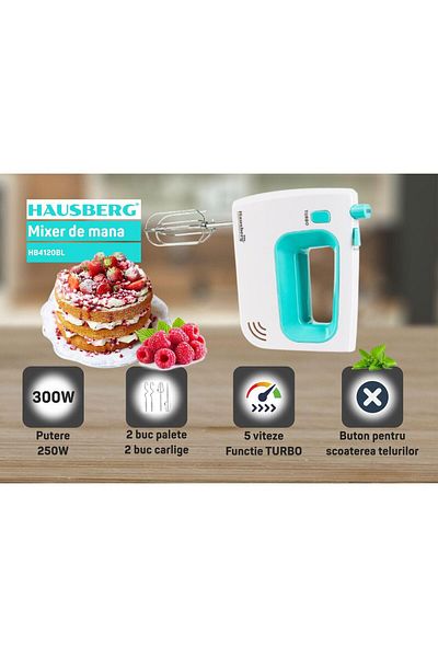 Hausberg Mixer de mana HB-4120BL, 300W ,5 viteze, Functie Turbo, Teluri si carlige metalice, Bleu/Alb
