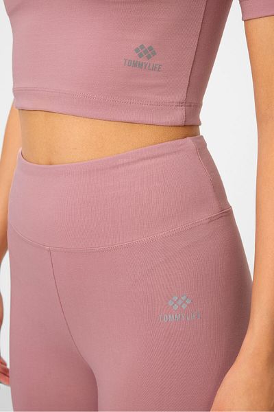 TOMMY LIFE Set crop top cu talie înaltă Dusty Rose și jambiere slim fit pentru femei - 95285