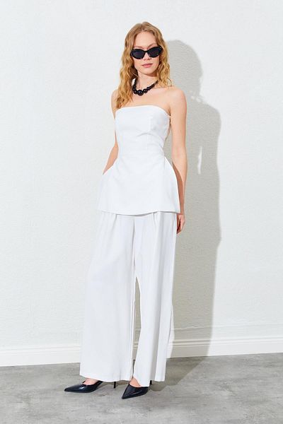 TENA Women's Ecru Strapless Blouse Palazzo Pants Suit