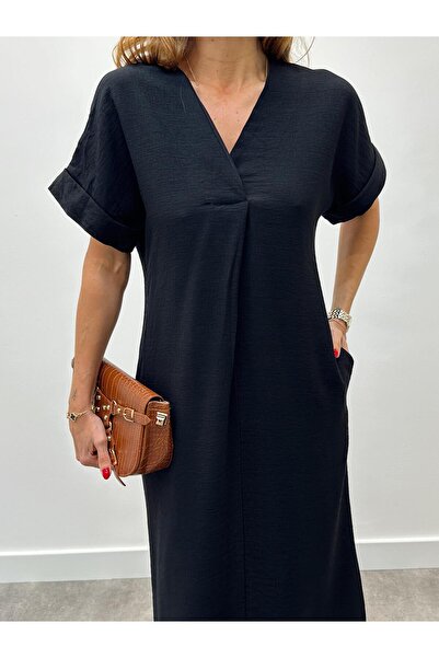 Maldia Shop Dámské lněné černé šaty s výstřihem do V