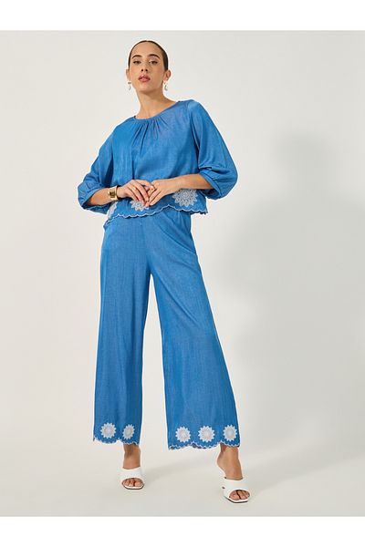 Styli Embroidered Denim Look Wide Leg Pants with Scalloped Hem