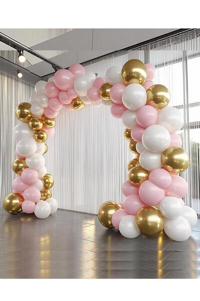 Patladı Gitti Krom Gold, Pastel Beyaz ve Makaron Pembe Temalı Balon Seti