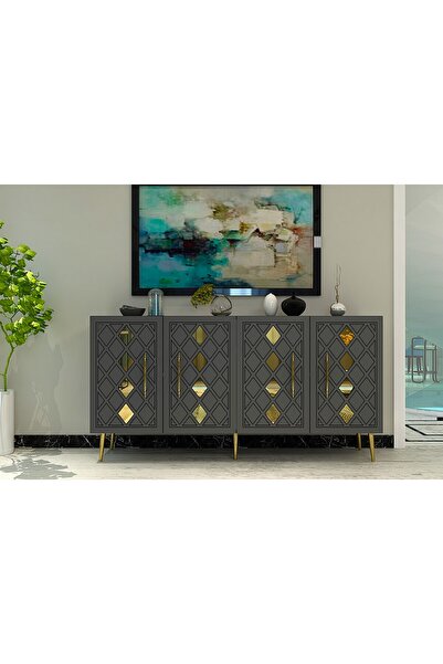 zerkaconcept Cupola Konsol Tv Sehpası Çok Amaçlı Dolap Antrasit Altın 150 cm