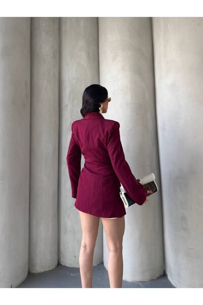 BARG FASHION Kadın Kemer Detaylı Uzun Blazer Ceket