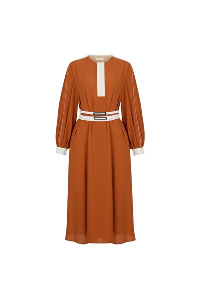 BİRELİN Dantel Garnili Dökümlü Şifon Elbise Ateş