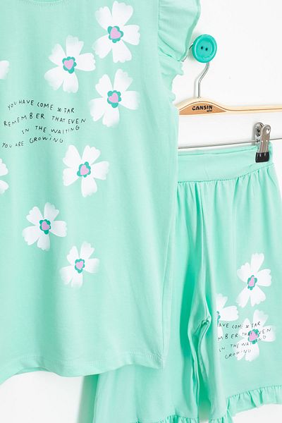 Cansın Mini Mint Flower Patterned Ruffle Detailed Girl's Shorts Suit 20601
