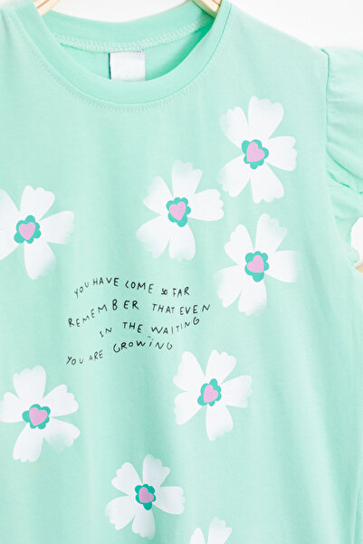 Cansın Mini Mint Flower Patterned Ruffle Detailed Girl's Shorts Suit 20601