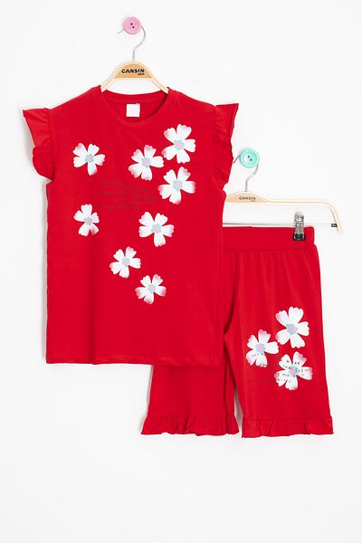 Cansın Mini Red Floral Patterned Ruffle Detailed Girl's Shorts Suit 20600