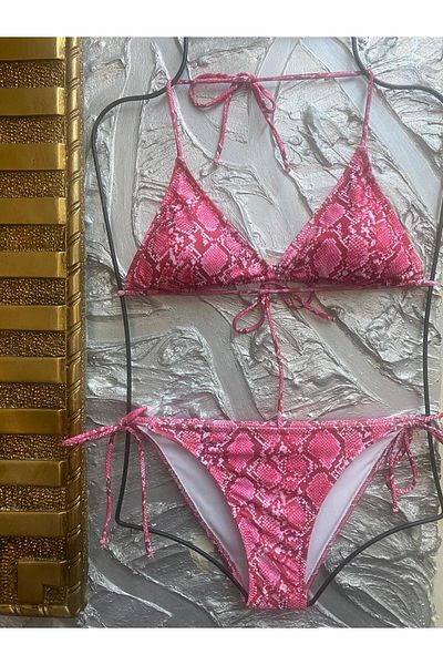 XORVİO Women's New Season Lycra Stretchy Side and Neck Tie Stylish Drawstring Triangle Pink Python Bikini Set
