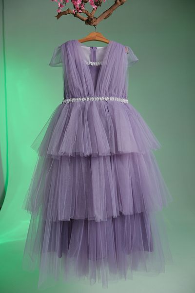 Pina Kids Pearl Line Detailed V-Neck Girl's Evening Dress Aby.2330