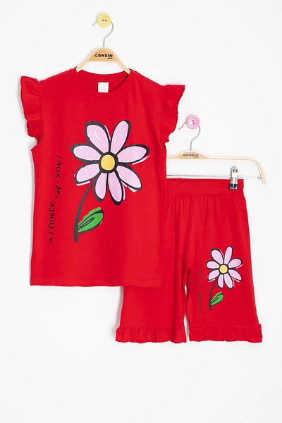 Cansın Mini Red Daisy Printed Ruffle Detailed Girl's Shorts Set of 2 20608
