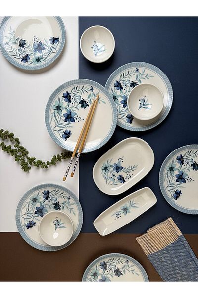 tabakevi Plate House Porcelain Azur Breakfast Set for 6 People 14 Pieces Tvl14Khprs1156