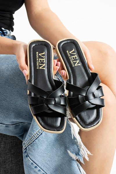 MY MİA MODA Ringed Black Women's Slippers Outdoor and Home Slippers