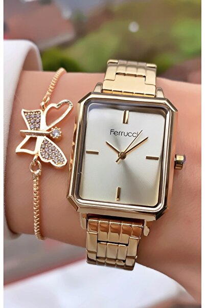 Ferrucci Ferruci Marka Sarı Gümüş Renk Çelik Kordon 2 Yıl Garantili Kadın Kol Saati - Bileklik Hediyeli