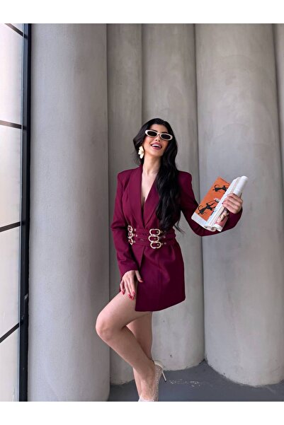 BARG FASHION Kadın Kemer Detaylı Uzun Blazer Ceket