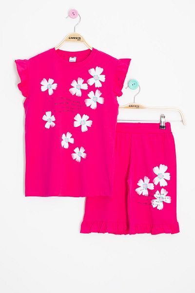 Cansın Mini Fuchsia Floral Patterned Ruffle Detailed Girl's Shorts Suit 20599