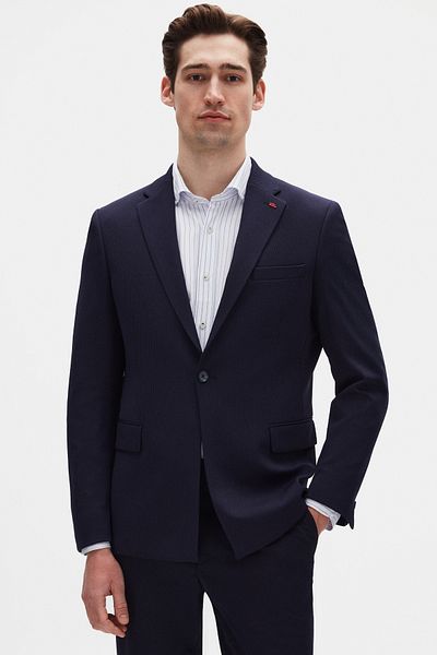 Twn Slim Fit Navy Blue Corded Knitted Suit